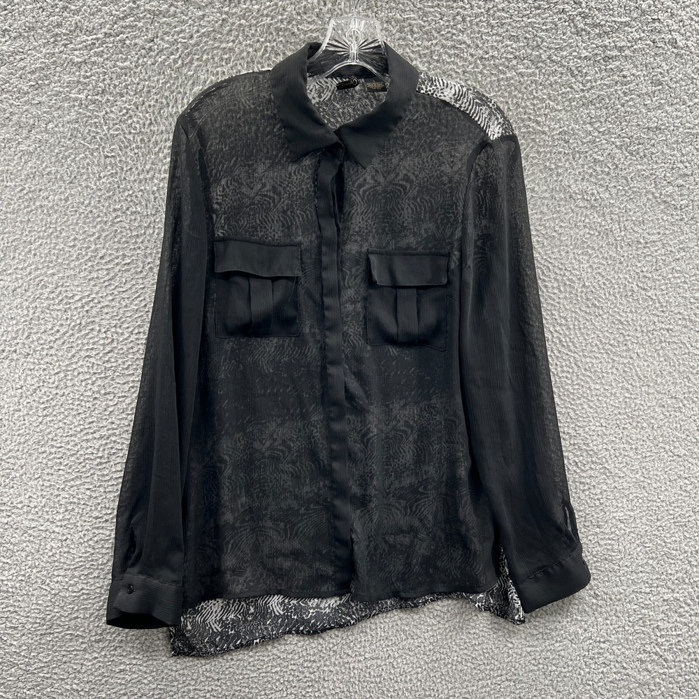 Womens Sheer‎ Minimalist Blouse L Indie Abstract Button Up Lightweight Layering